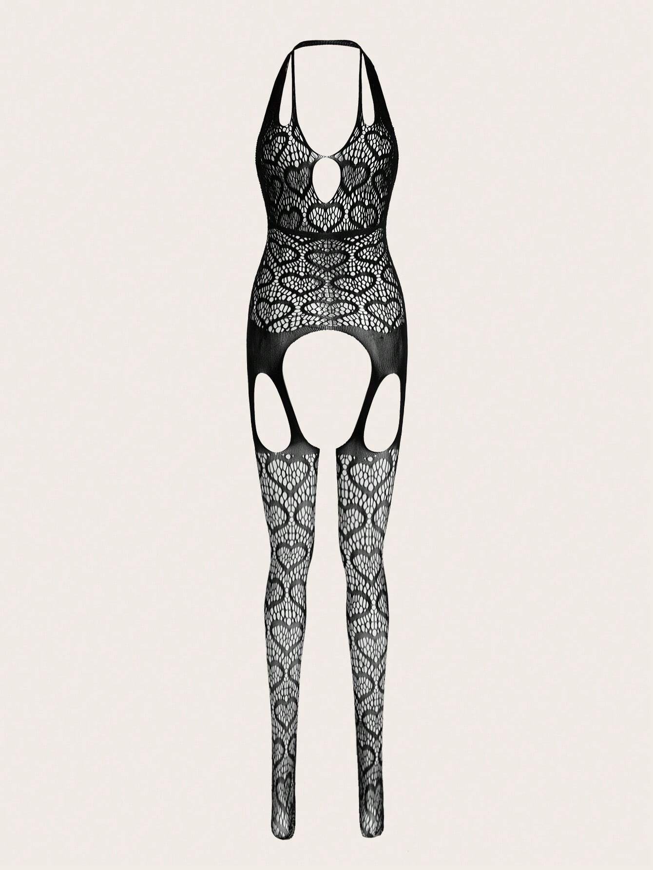 Exotic Bondage Women Sexy Hollow Out Heart Pattern Mesh Bodysuit Lingerie Set Black