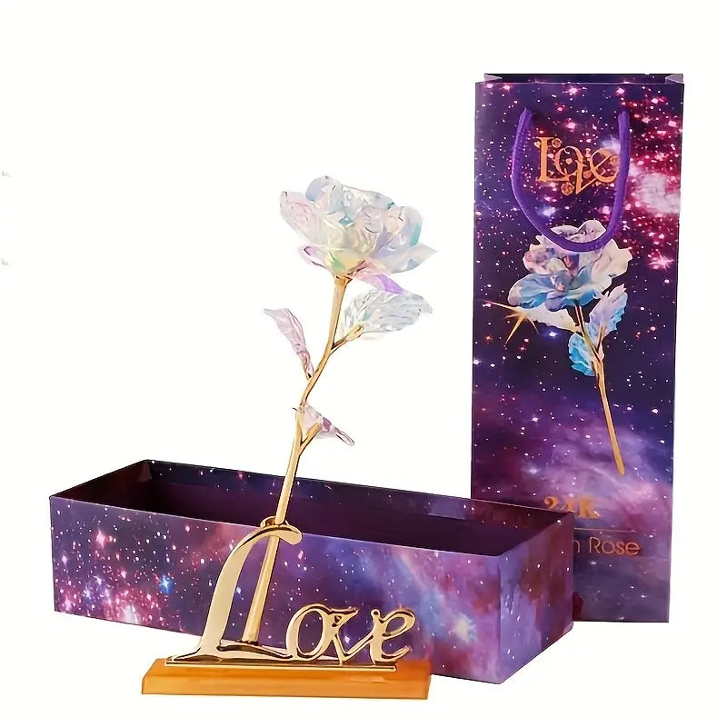 24K Rainbow Gold Rose With "Love" Inscription Stand