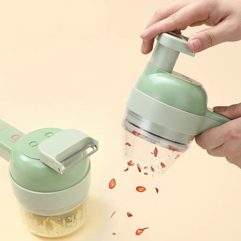 4 In 1 Garlic Press Slicer Handheld Electric Chopper Vegetable Cutter Set Portable Garlic Mud Masher Wireless Slicer Green/White