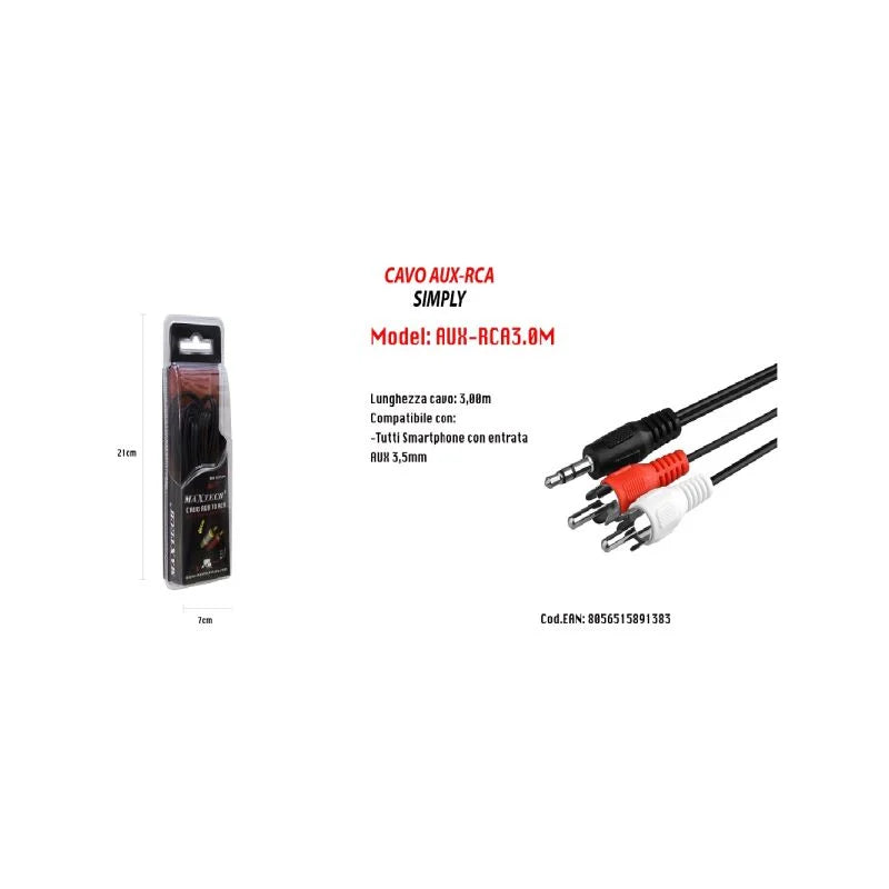 MAXTECH AUX To RCA Cable 3M