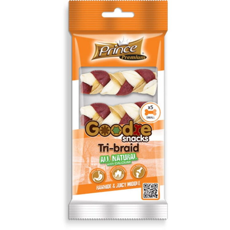 Prince Premium Goodie Dog Snacks Rawhide & Juicy Middle Tri-Braid With Calcium Small 5 Pieces 60g