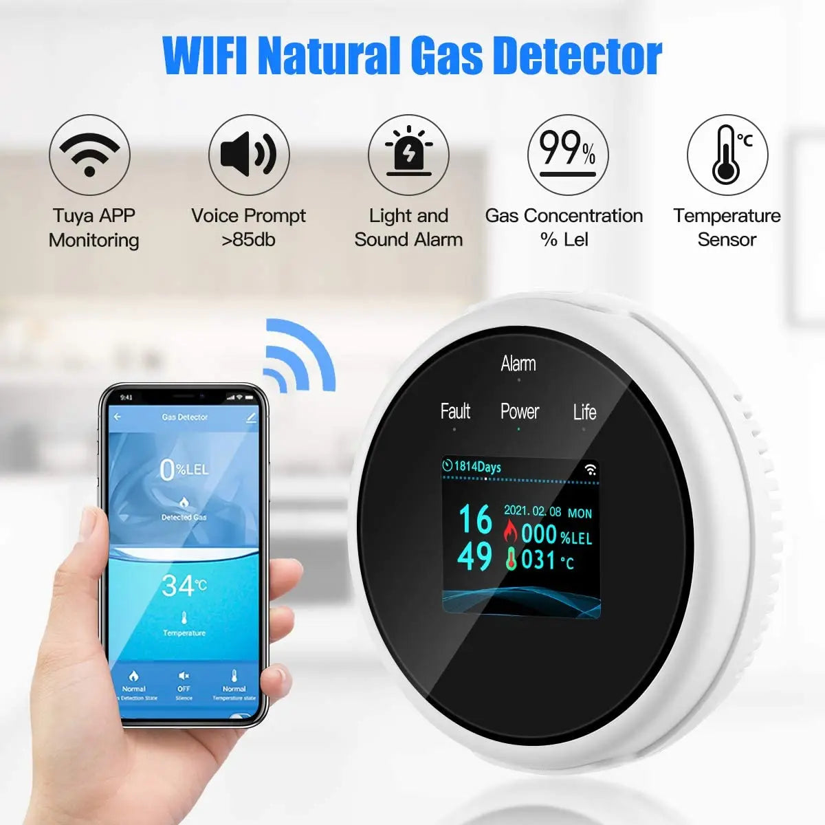 Tuya WiFi Natural Gas Leak Detector LPG Leakage Sensor with Sound Alarm APP Control Home Safety Smart Home Support Google Alexa