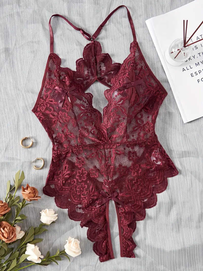 Women's Sexy Lace Hollow Open-Door Body Suit Burgundy