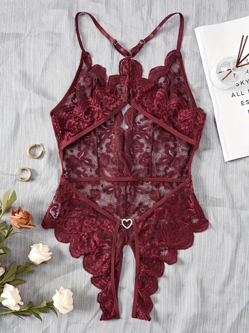 Women's Sexy Lace Hollow Open-Door Body Suit Burgundy