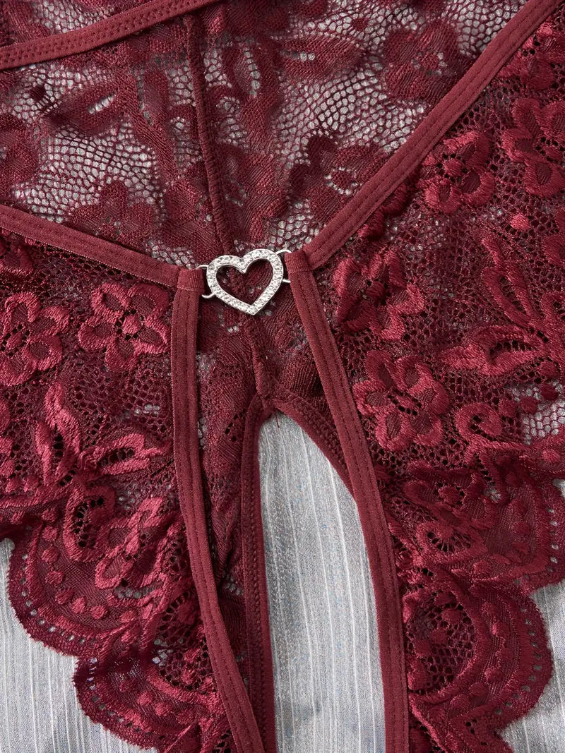 Women's Sexy Lace Hollow Open-Door Body Suit Burgundy