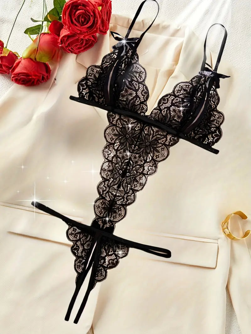 Floral Lace Teddy Bodysuit for with Bow Detail Black DN001